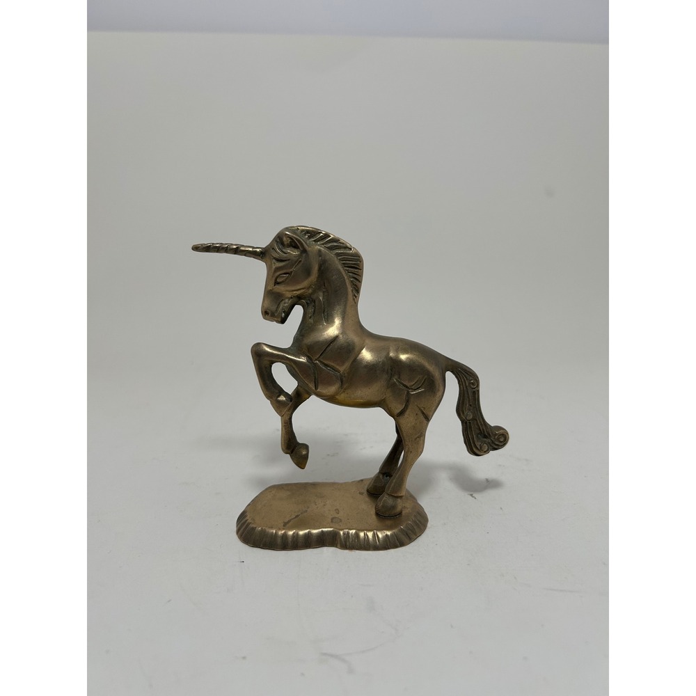 Vintage Solid Brass Unicorn Figurine Rearing Mythical Statue Gold Tone Decor 5in
